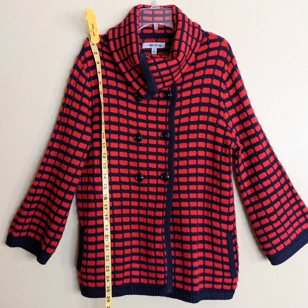 Beth Bowley Cardigan Sweater Red Blue Wool Cowl Neck Check Size Small - Picture 14 of 15